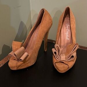 Jeffrey Campbell Tan Suede Peep-Toe Pumps with Bow